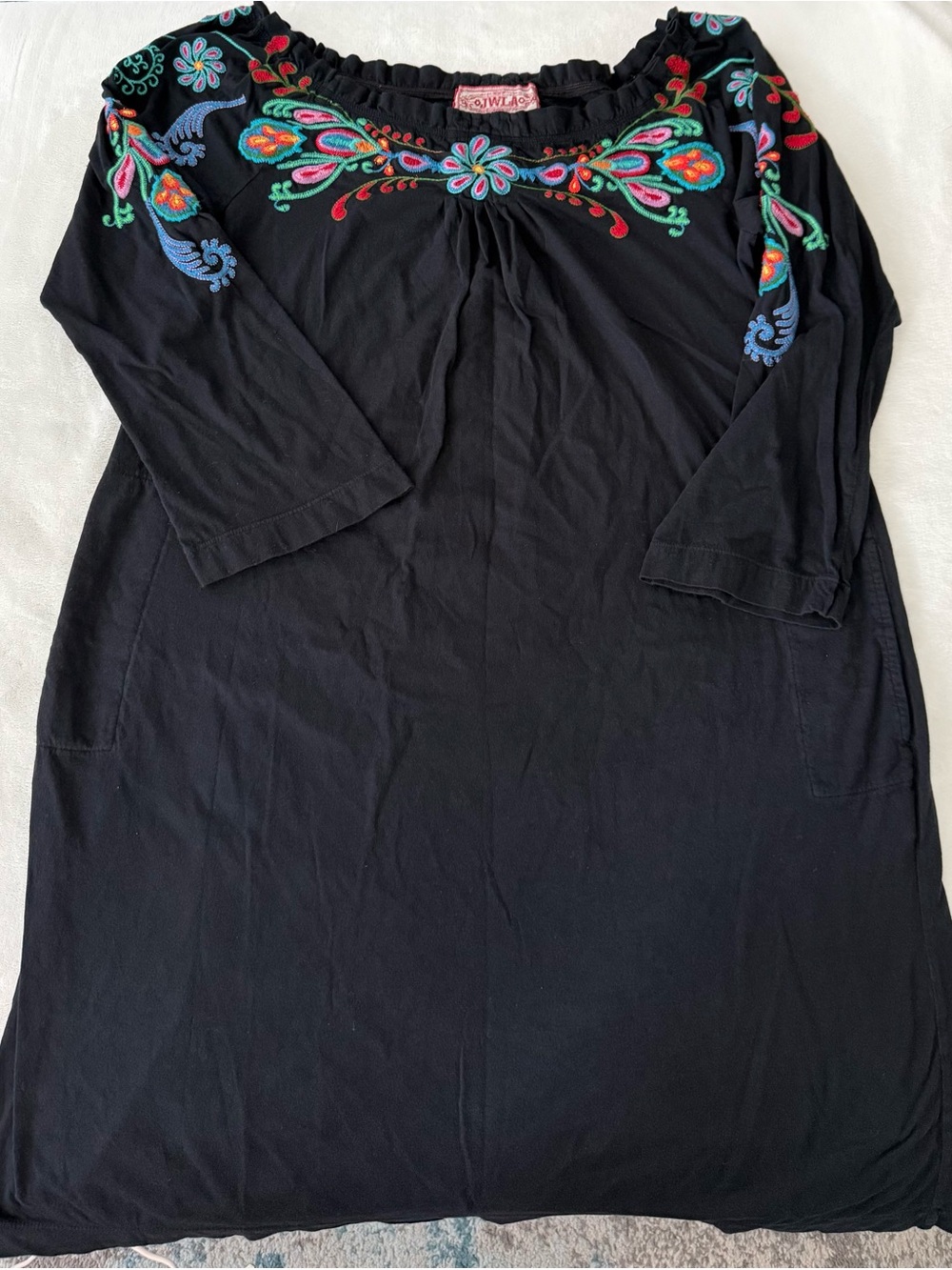 Women's JWLA Johnny Was Embroidered Dress Black Floral Boho Pockets Size L E06